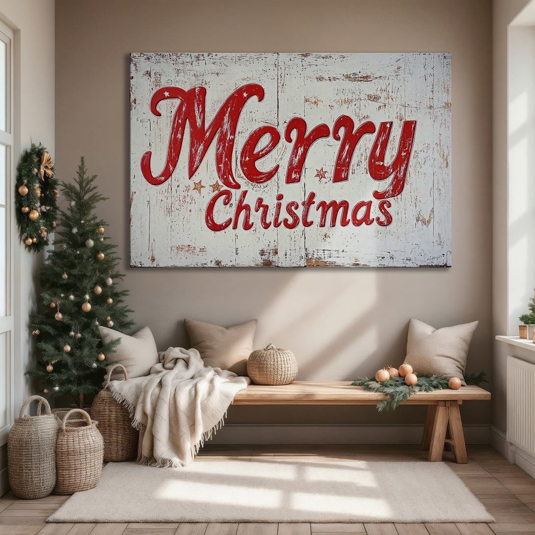 Framed Wall Art: "Merry Christmas" sign in distressed style with red text on white. Perfect holiday decor!