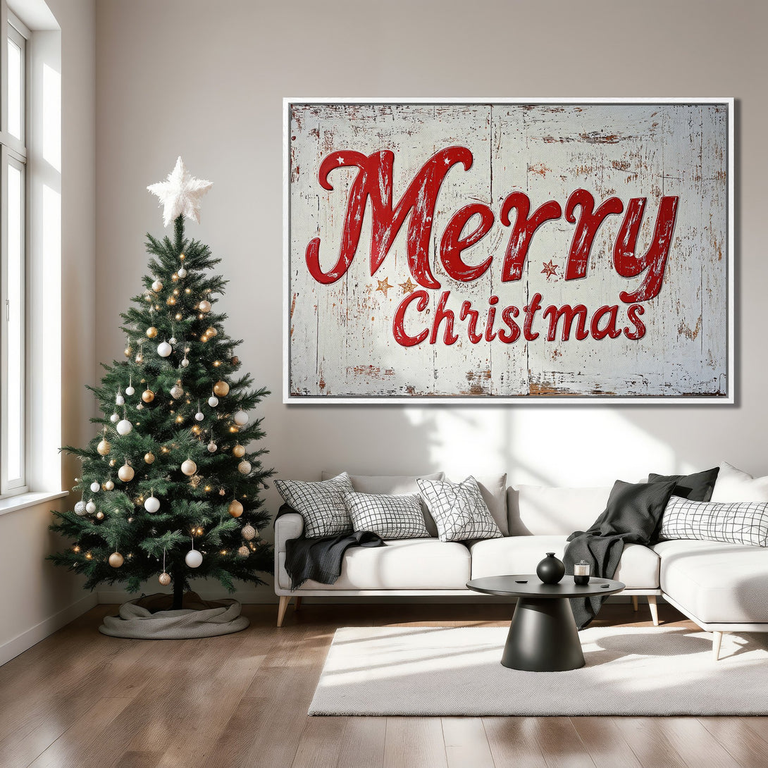 Framed Wall Art: "Merry Christmas" sign in rustic style with red lettering, displayed in a cozy living room with a Christmas tree. Warm, inviting color palette.