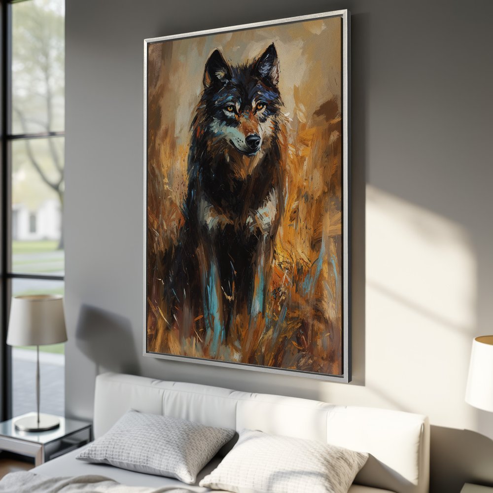 Framed Wall Art: Majestic wolf portrait in a vibrant, expressive style. Earthy tones of brown, gold, and blue create a stunning focal point for your home.
