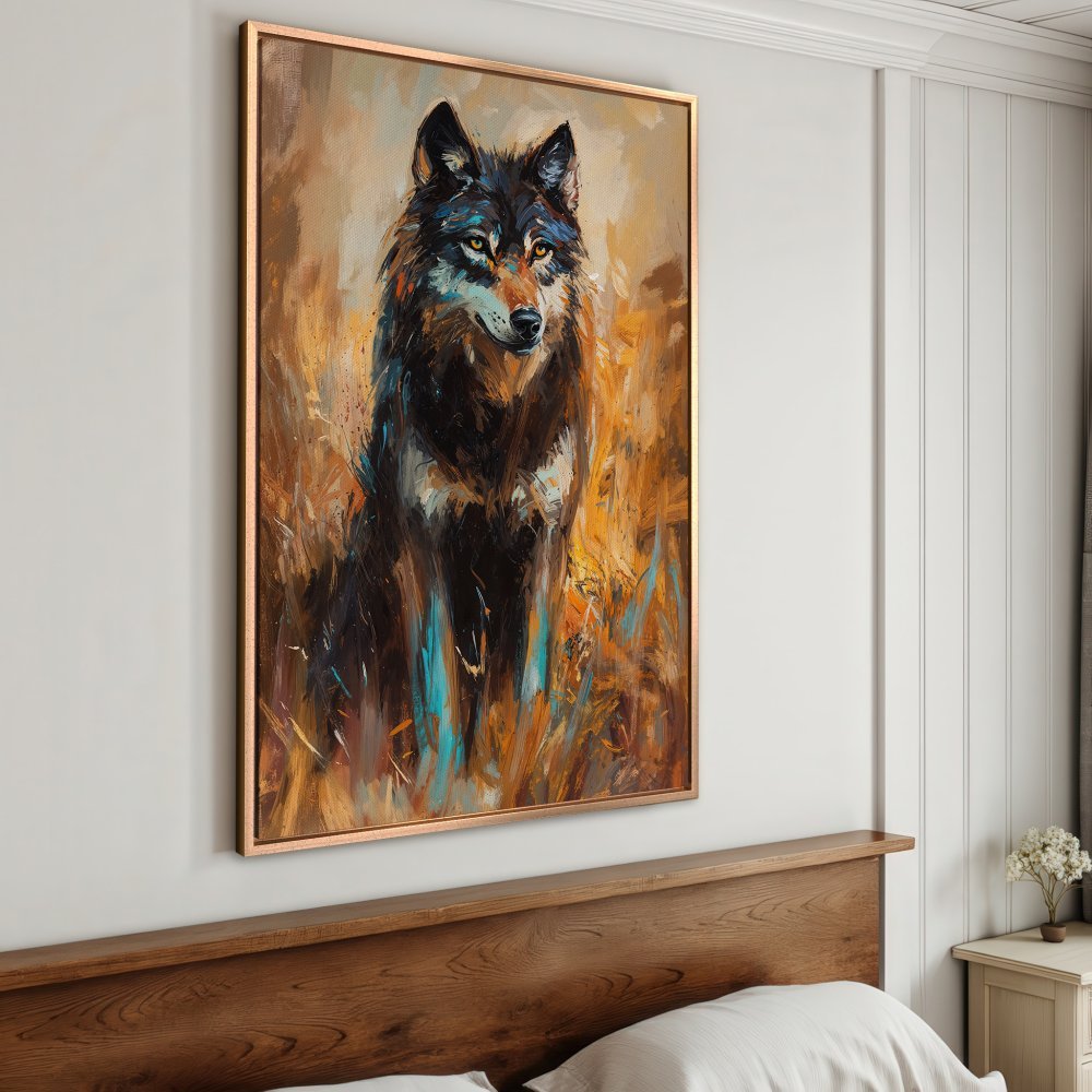 Framed Wall Art: Majestic wolf portrait in warm, earthy tones. Impasto style Canvas Print with brown, orange, and teal color palette. Add wilderness to your home!