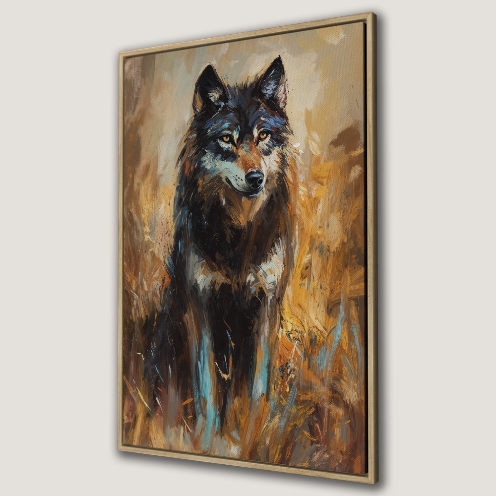 Framed Wall Art: Majestic wolf portrait in warm earth tones. Stunning canvas print for your home. Shop now!