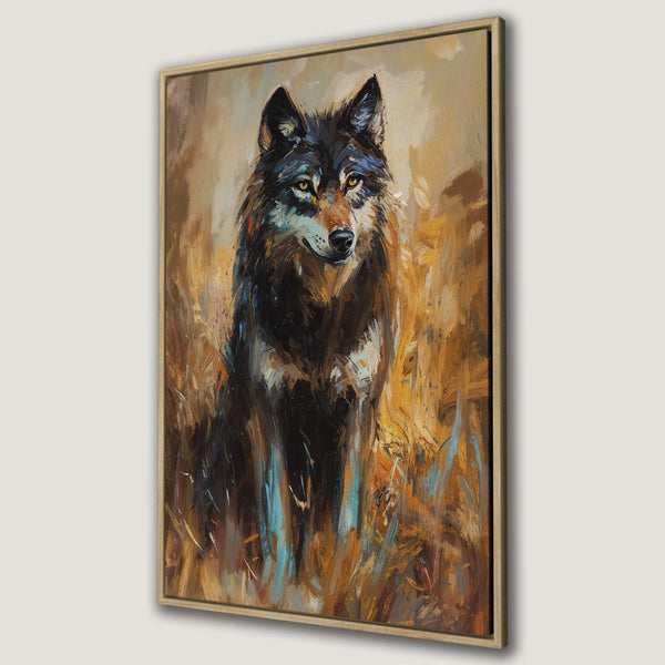 Framed Wall Art: Majestic wolf portrait in warm earth tones. Stunning canvas print for your home. Shop now!