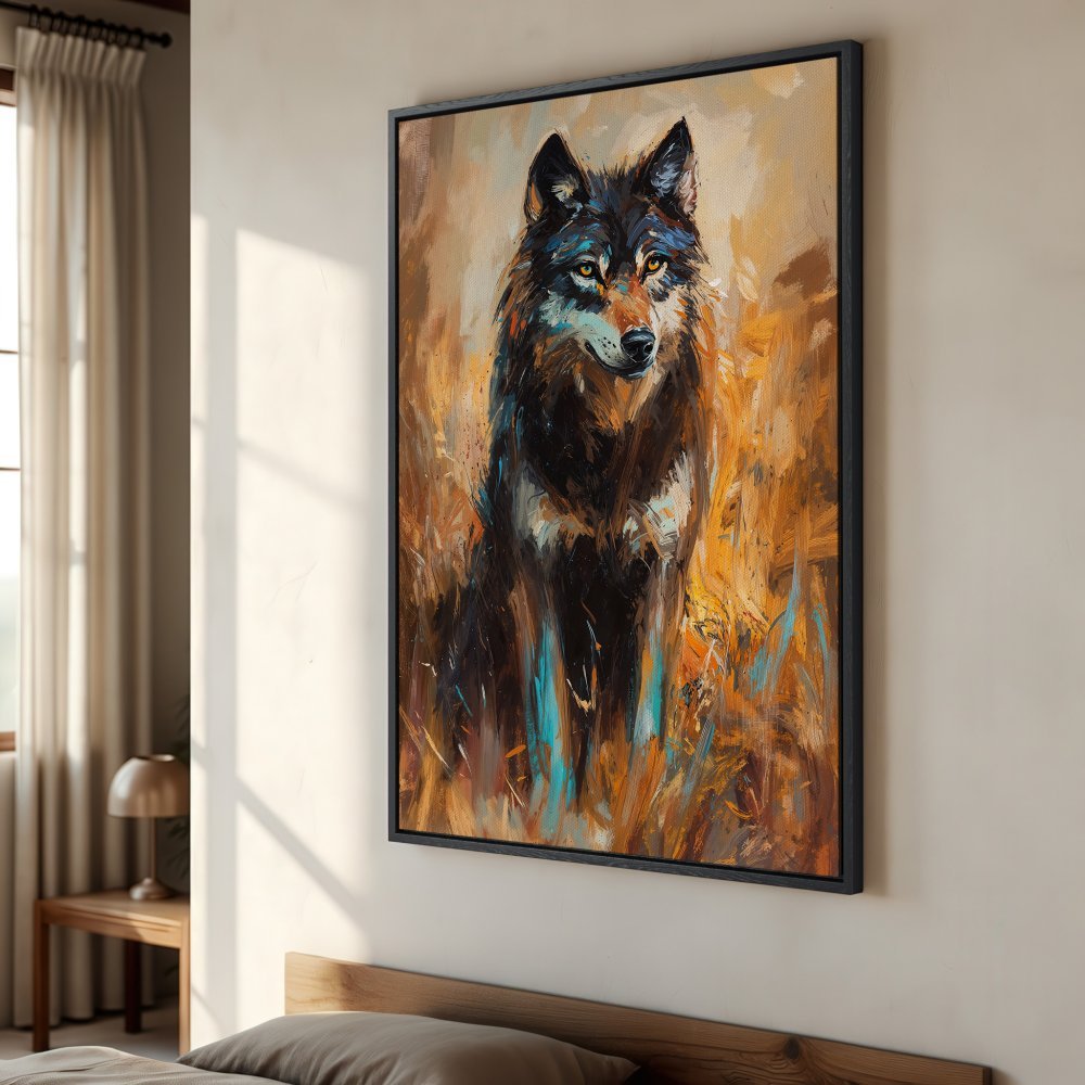 Framed Wall Art: Majestic wolf portrait in warm orange and brown tones. Add a touch of wilderness to your home decor with this stunning Canvas Print.