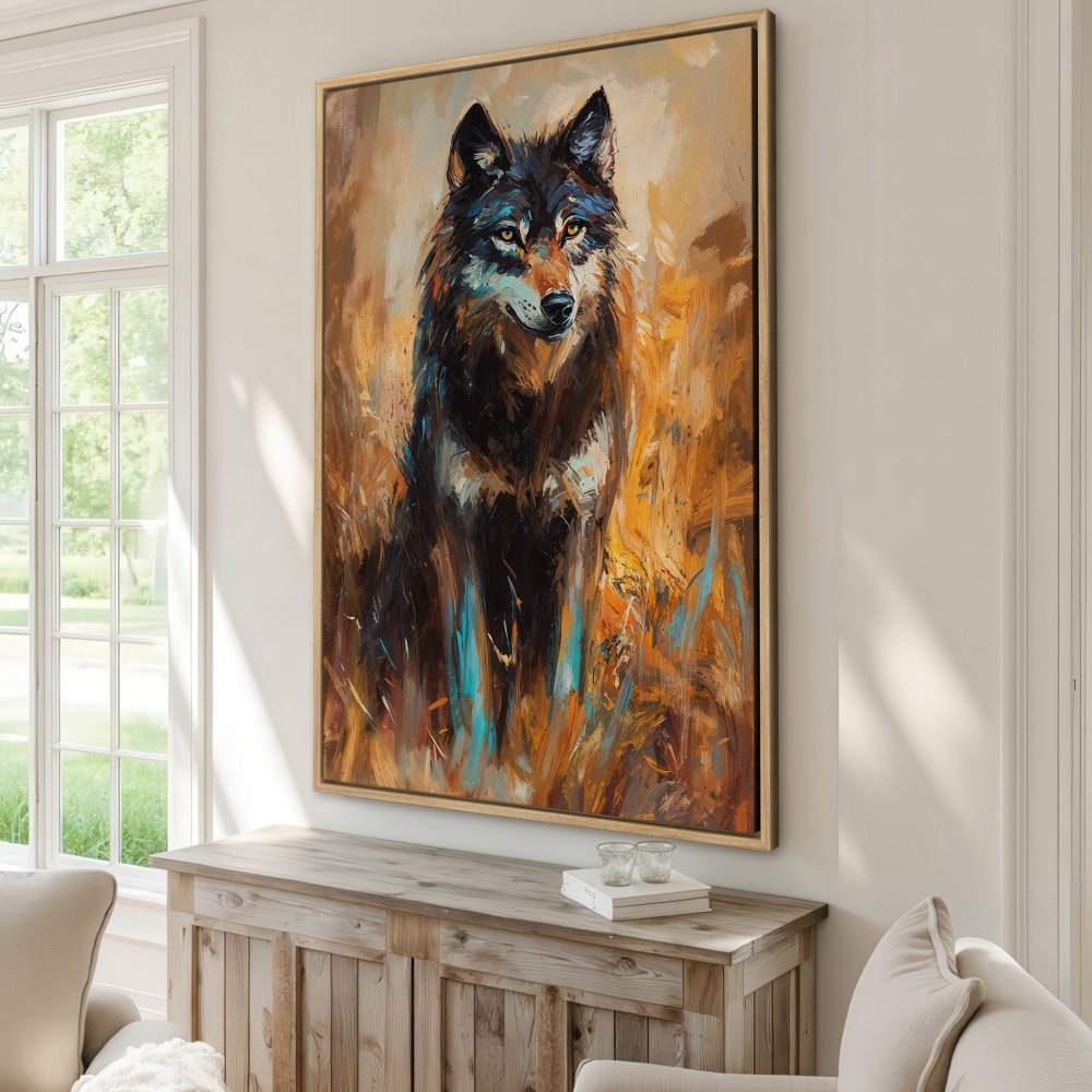 Framed Wall Art: Majestic wolf painting in warm orange, brown, and teal tones. Add a touch of wilderness to your home with this stunning canvas print.