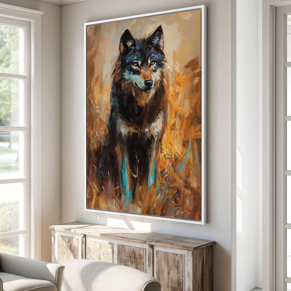 Framed Wall Art: Majestic wolf canvas print in warm, earthy tones. Add a touch of wilderness to your home decor with this stunning artwork.