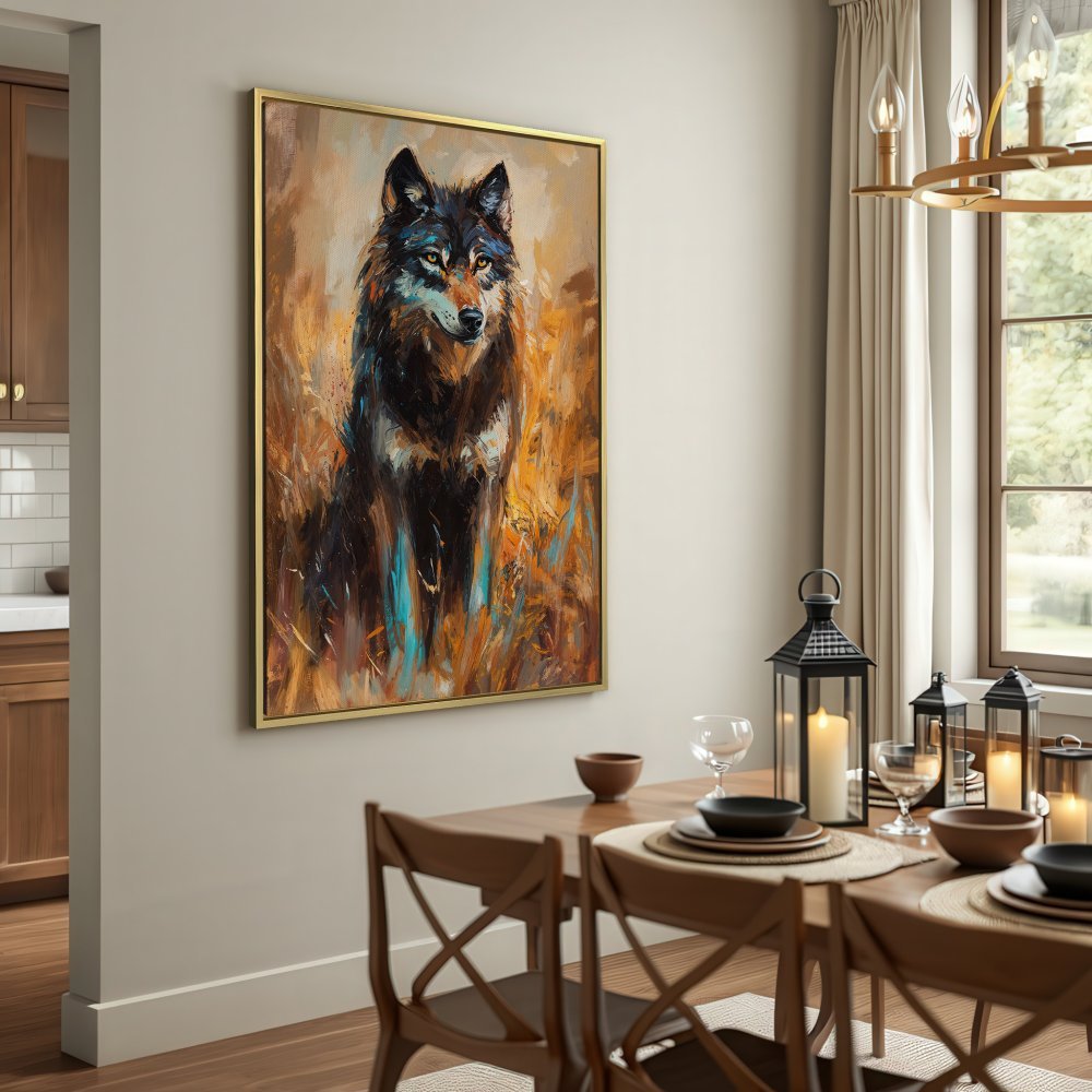 Canvas Print of a majestic wolf in warm, earthy tones. Add this stunning art piece to your home decor!