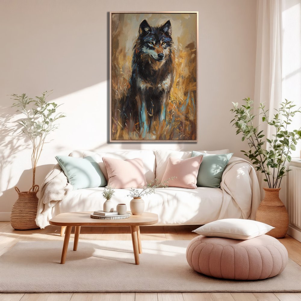 Framed Wall Art: Majestic wolf portrait in warm earthy tones. Elevate your space with this stunning canvas print.