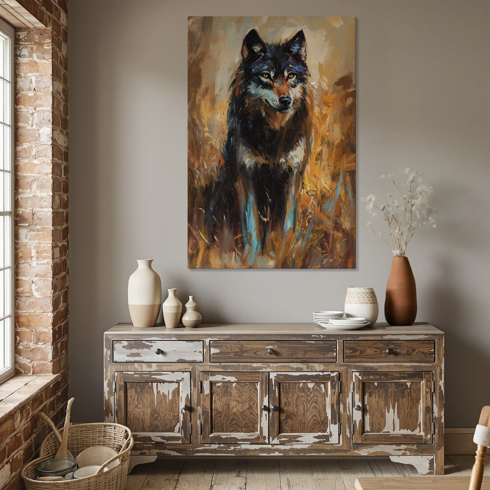 Framed Wall Art: Majestic wolf portrait in warm earth tones. Enhance your space with this stunning canvas print.
