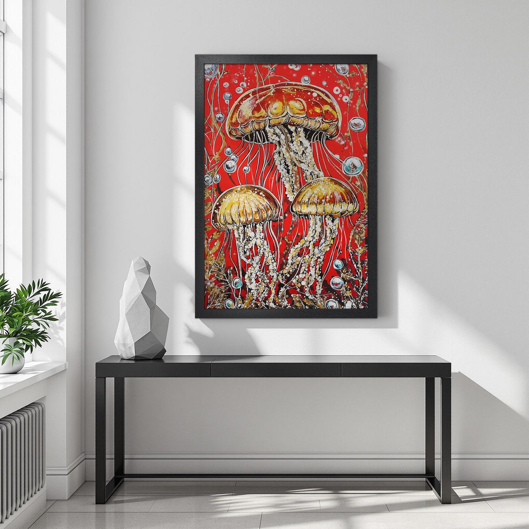 Framed Poster featuring vibrant jellyfish art on a red background. Modern style with a warm, inviting color palette. Perfect wall decor!