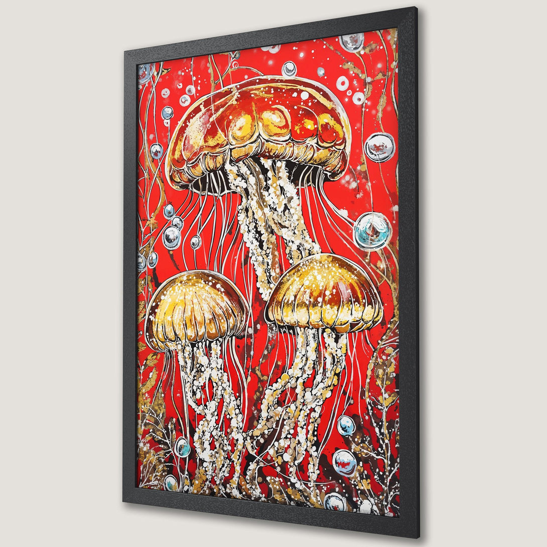 Framed Poster featuring vibrant jellyfish art with a red, yellow, and white color palette. Modern style wall decor.