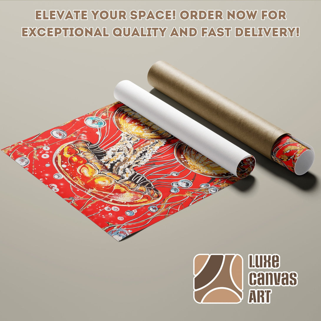Jellyfish art Poster Roll, vibrant red & gold palette. Elevate your space with this stunning wall art!