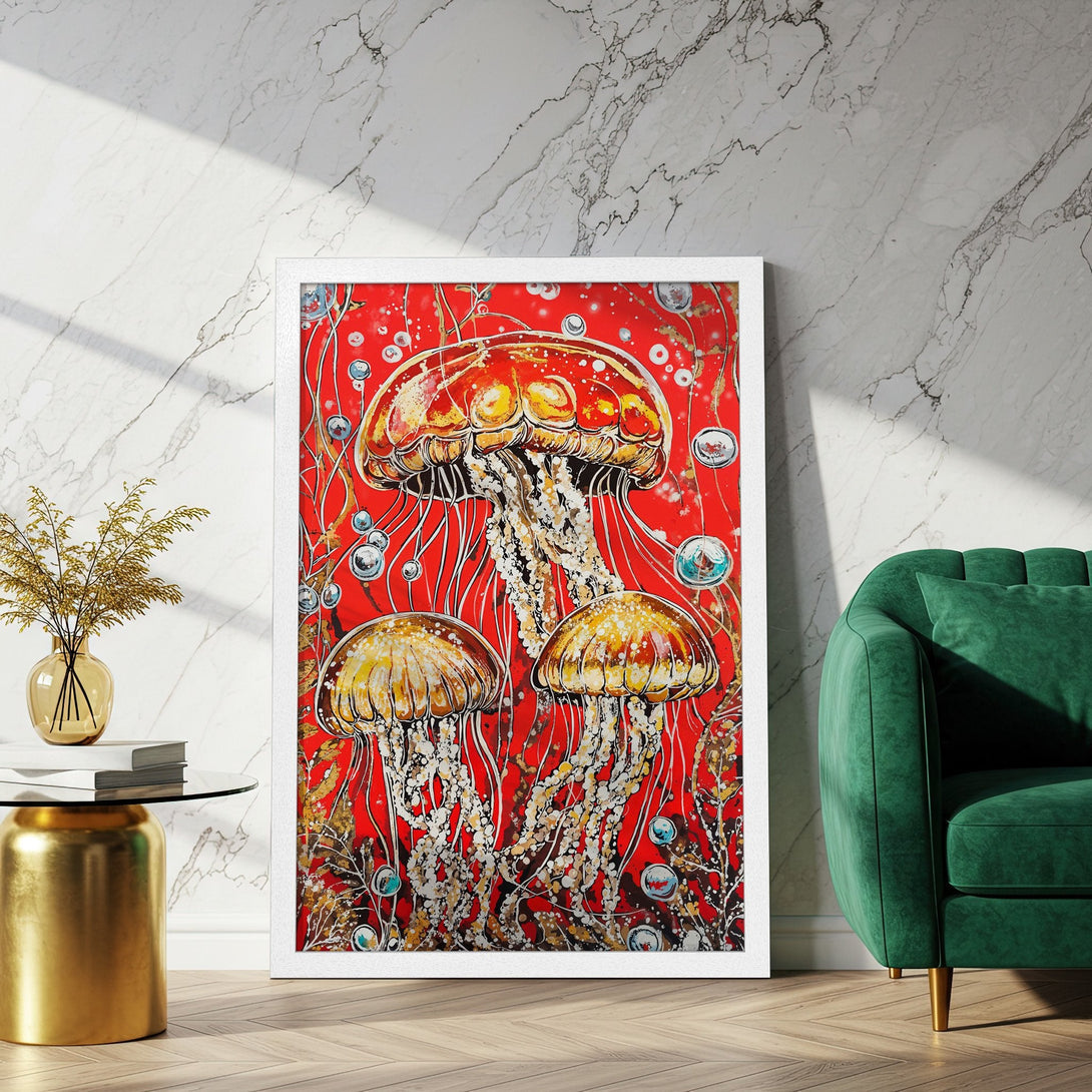 Framed Poster featuring vibrant jellyfish art in red, gold, and white. Perfect wall decor for a splash of color!