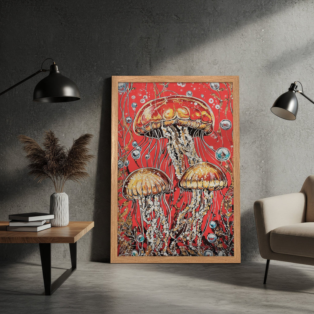 Framed Poster featuring vibrant jellyfish art on a red background. Modern style with a warm color palette, perfect wall decor.