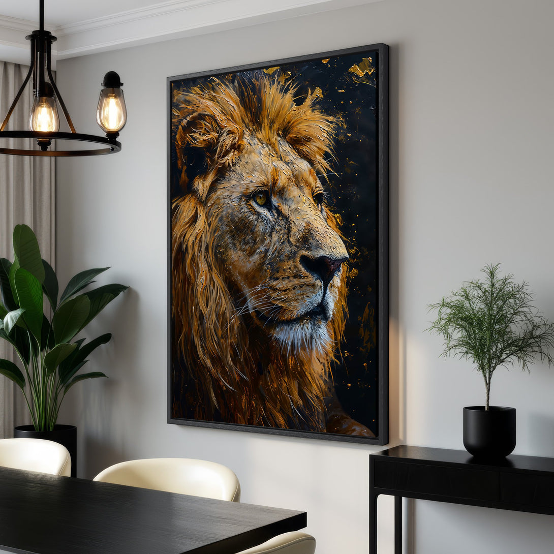Framed Wall Art: Majestic lion portrait in warm gold and black tones. Stunning canvas print for modern home decor. Shop now for statement wall art!