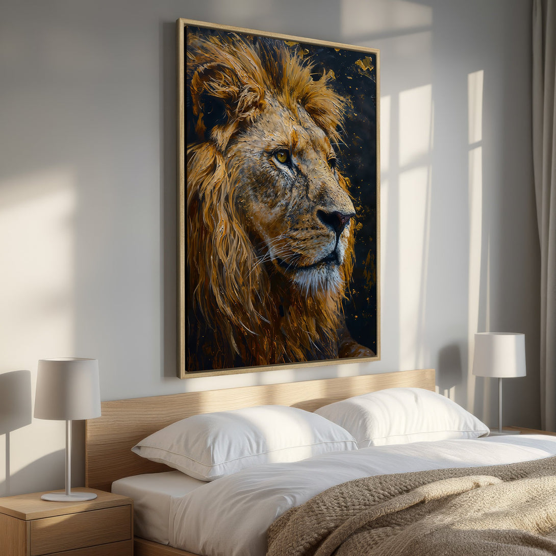Framed Wall Art: Majestic lion portrait in warm gold and brown tones. Perfect for bedroom decor. Add a touch of wild elegance to your space!