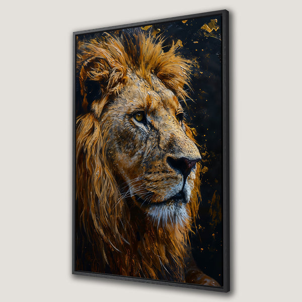 Framed Wall Art: Majestic lion portrait in warm gold and black tones. Stunning canvas print for your home decor. Elevate your space with this powerful artwork.