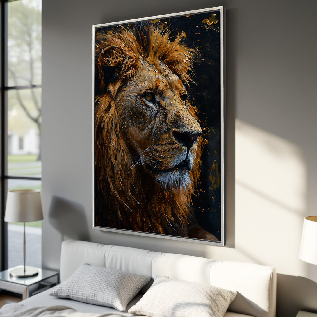 Framed Wall Art: Majestic lion portrait in warm orange and gold tones. Stunning artwork for your home. Add a touch of elegance with this canvas print.