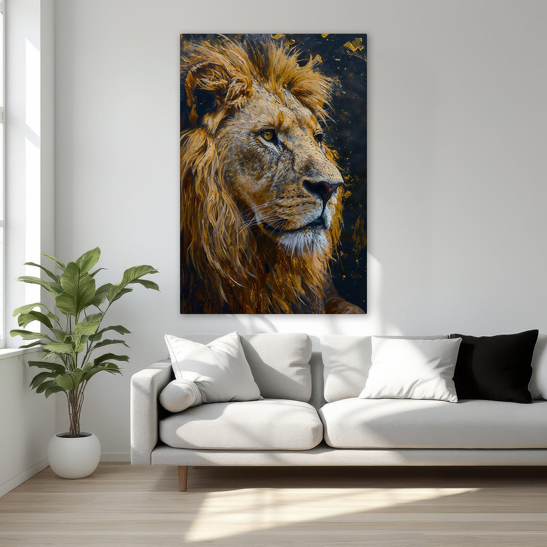 Framed Wall Art: Majestic lion portrait in warm gold and black tones. Dramatic artwork perfect for any room. Elevate your decor with this stunning canvas print.