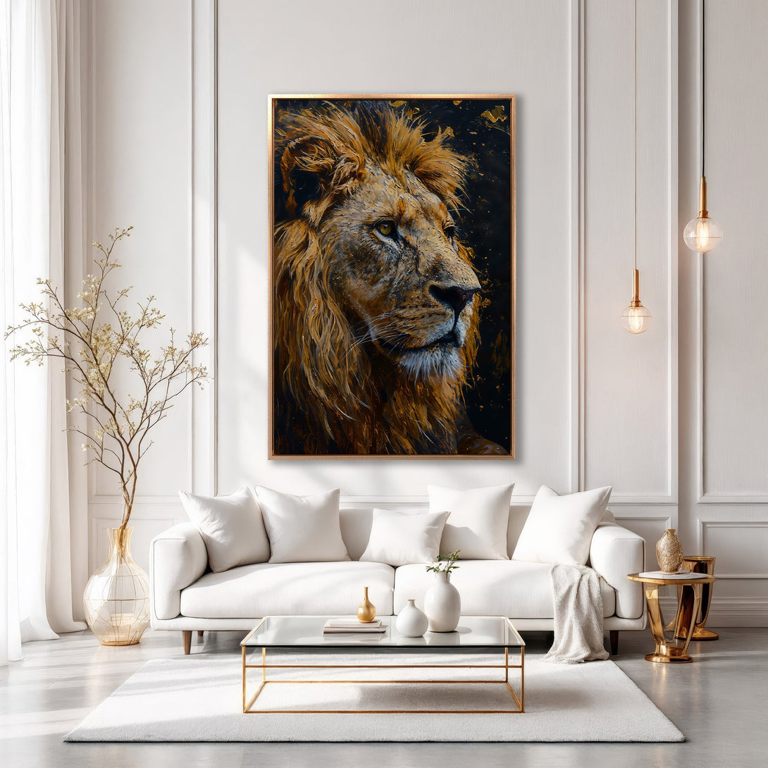 Framed Wall Art: Majestic lion portrait in warm gold and black tones. Elevate your space with this stunning canvas print, perfect for modern and luxury interiors.