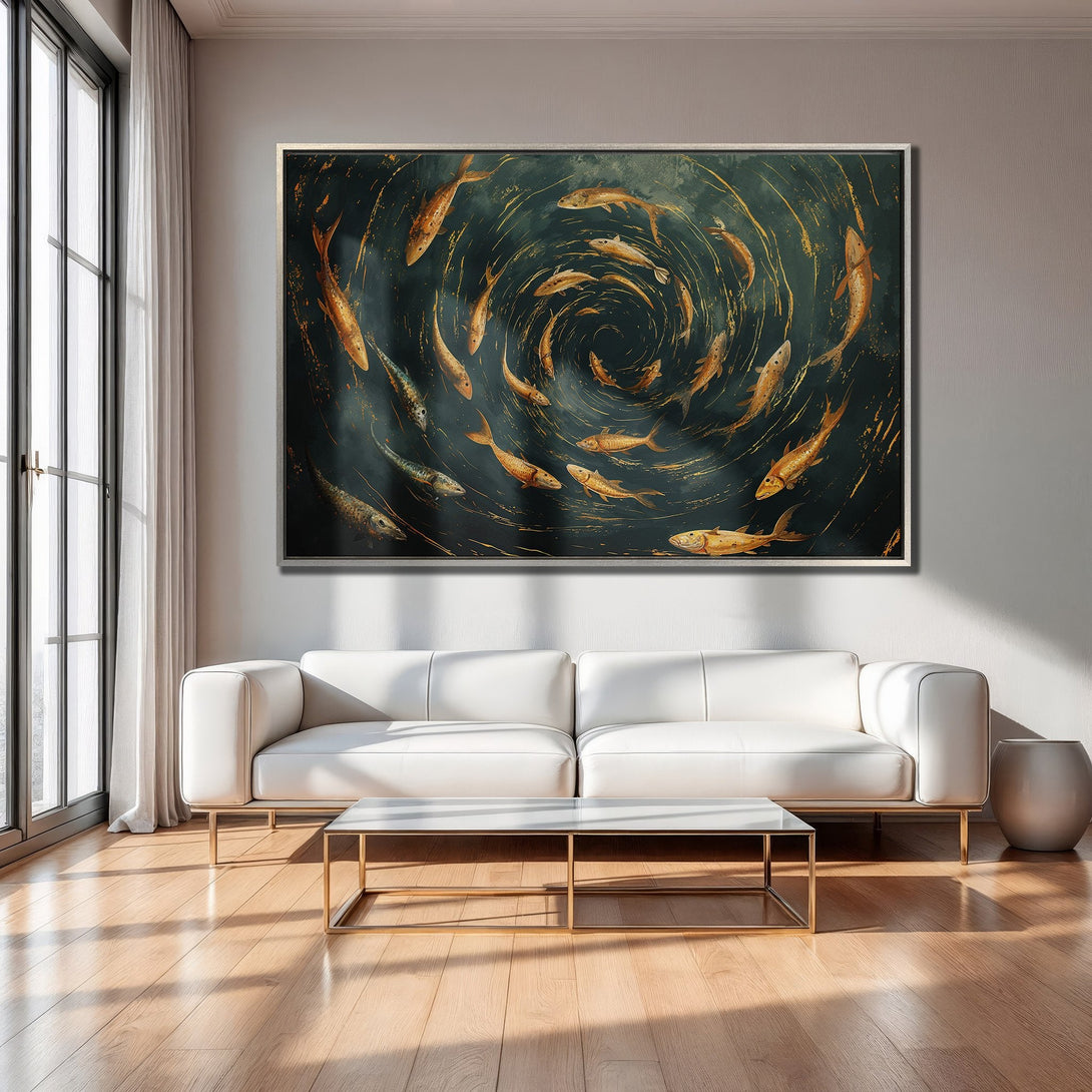 Framed Wall Art: Abstract fish painting in gold and teal. Modern art canvas print adds a touch of elegance to any living room.
