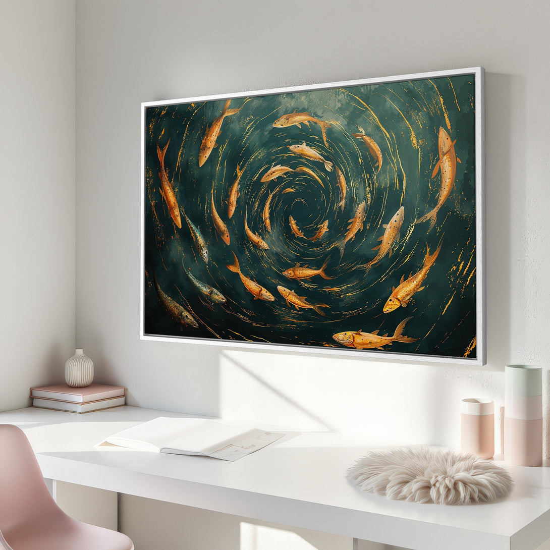 Framed Wall Art: Abstract fish painting in teal, gold, and orange. Modern artwork for home decor, adding a touch of elegance and style.