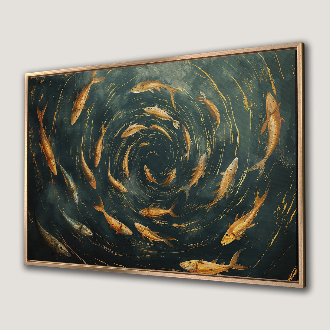 Framed Wall Art: Swirling school of golden fish on a dark teal background. Artistic, elegant Canvas Print with gold accents.