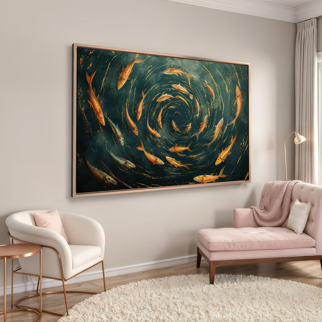 Framed Wall Art featuring a school of golden fish in a teal swirl. Modern style, warm color palette. Perfect for living room decor.