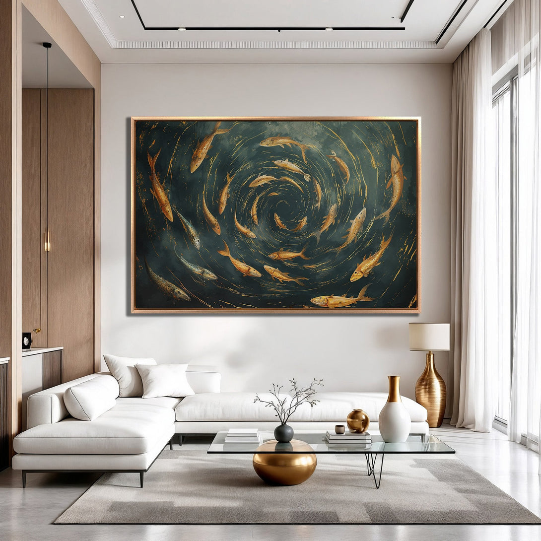 Framed Wall Art: Stunning fish painting in a modern living room. Dark teal and gold color palette. Elevate your space with this unique artwork.