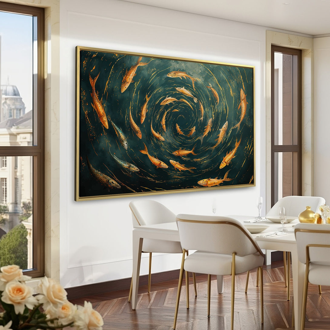 Canvas Print of swirling gold fish art in a dark, moody interior. Modern abstract style with a deep teal and gold color palette.