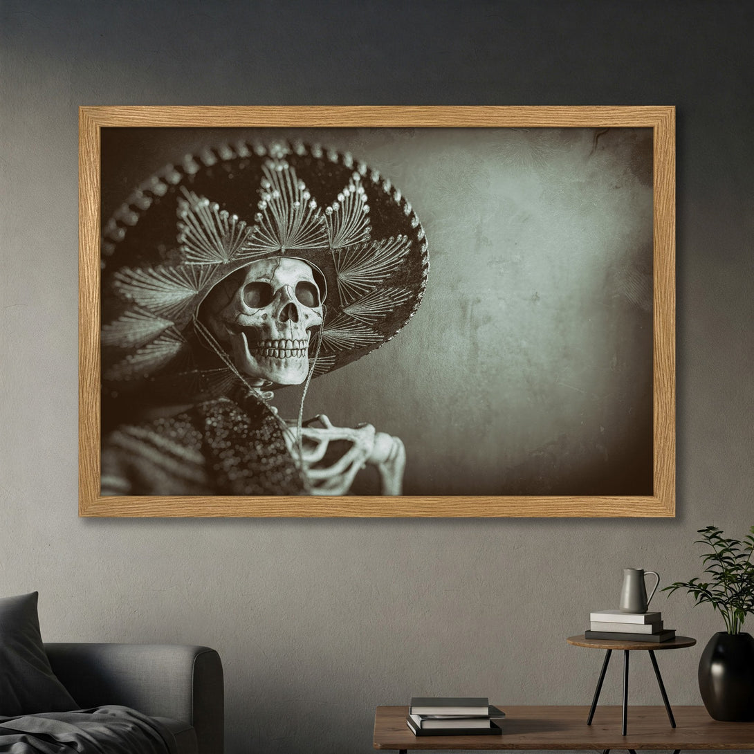 Framed Poster featuring a skeleton in a sombrero. Vintage style art with sepia tones. Perfect wall decor for a unique look.