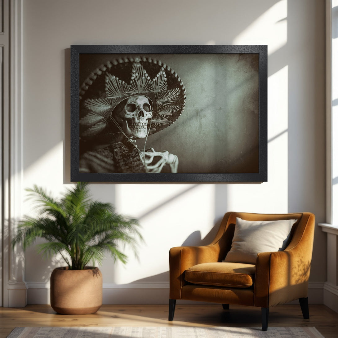 Framed Poster featuring a skeleton in a sombrero. Vintage style, sepia tones. Perfect wall art for a unique home decor.