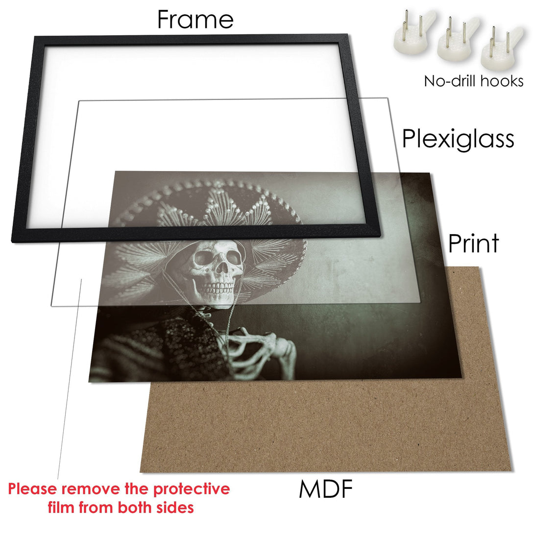 Framed Poster featuring a skeleton in a sombrero. Gothic style, sepia tones. Perfect wall art!