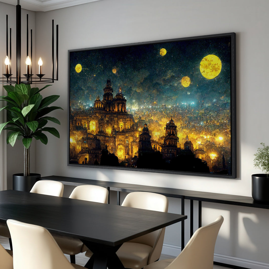 Framed Wall Art: Abstract cityscape Canvas Print in a dark blue and gold color palette. Modern art for your dining room!