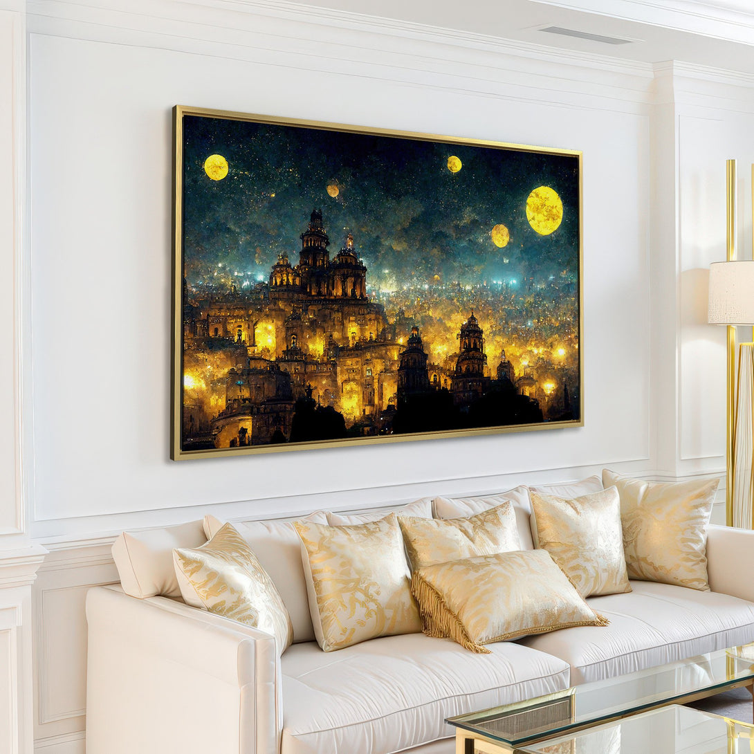 Canvas Print of a fantasy city, showcasing a celestial night scene with a warm yellow and deep blue color palette, perfect for home decor.