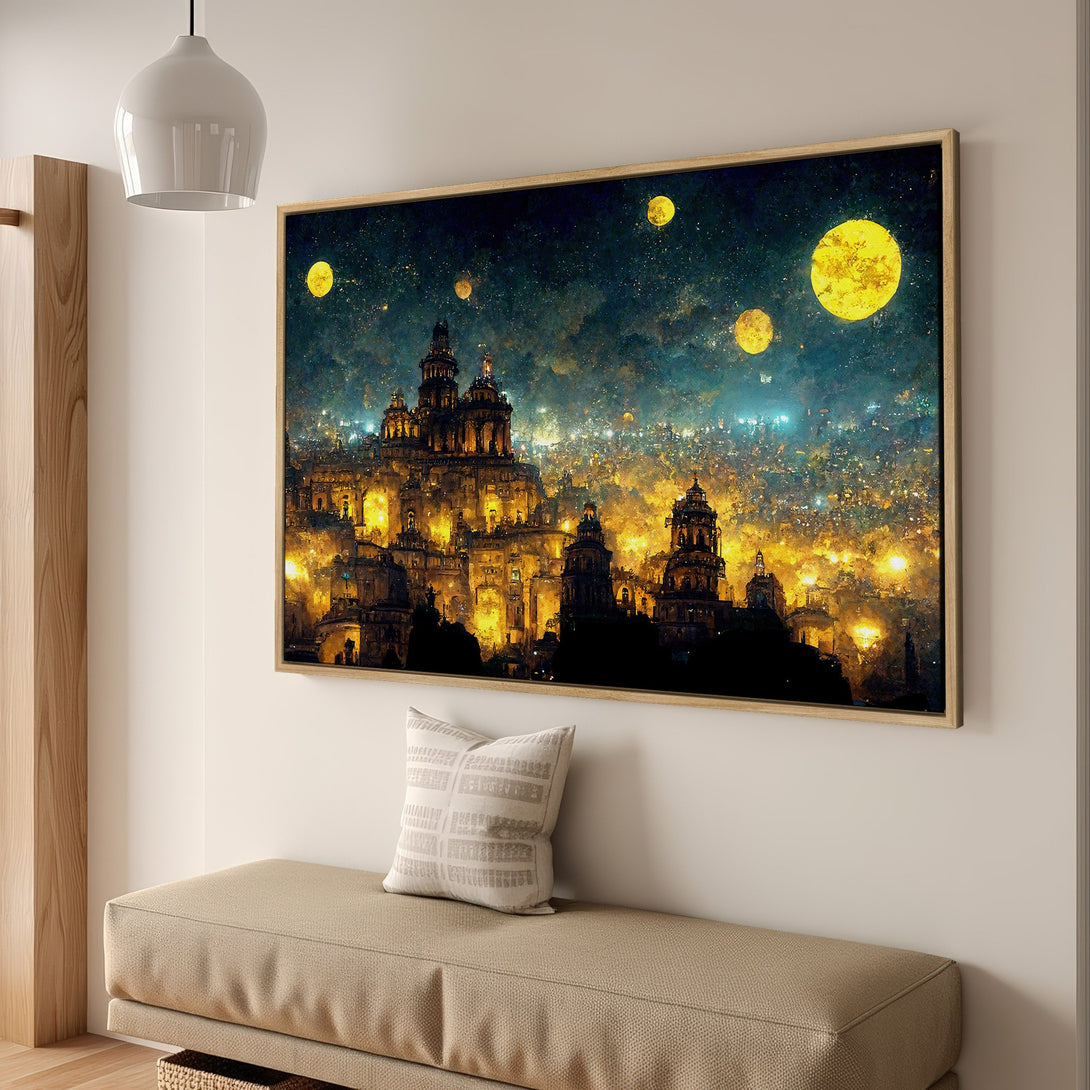 Framed Wall Art featuring a vibrant city scene under a starry night sky. Warm gold and blue tones create a stunning, artistic canvas print.