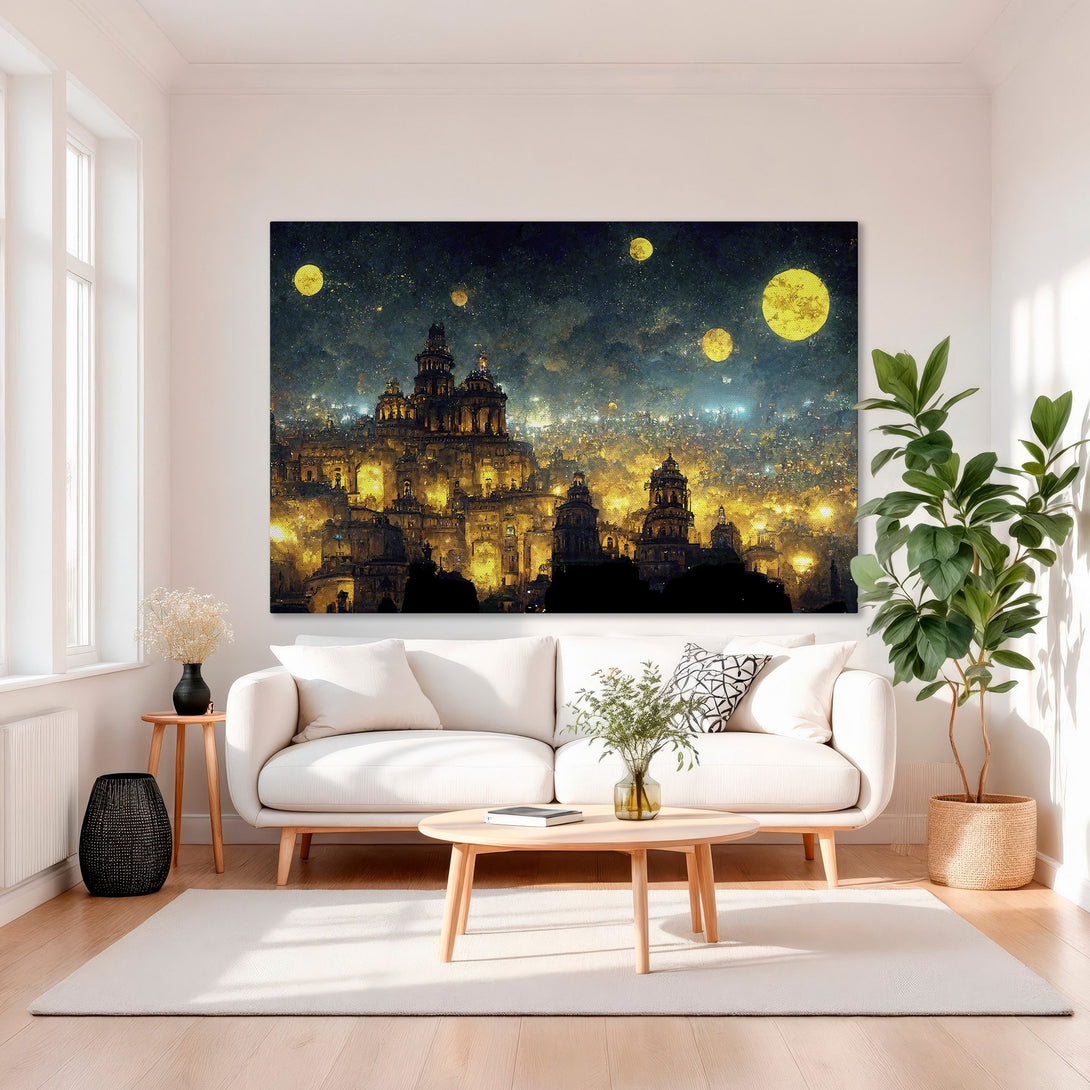 Framed Wall Art: Night city canvas print with a warm, golden color palette. Perfect for adding a touch of luxury to your home decor.
