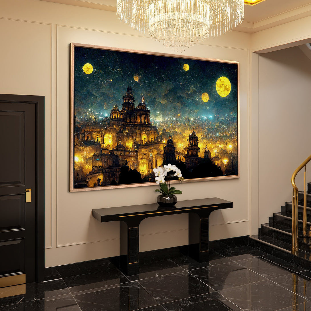 Framed Wall Art: Dreamy cityscape canvas print with a celestial night sky, warm yellow & gold hues, perfect for luxury interiors.
