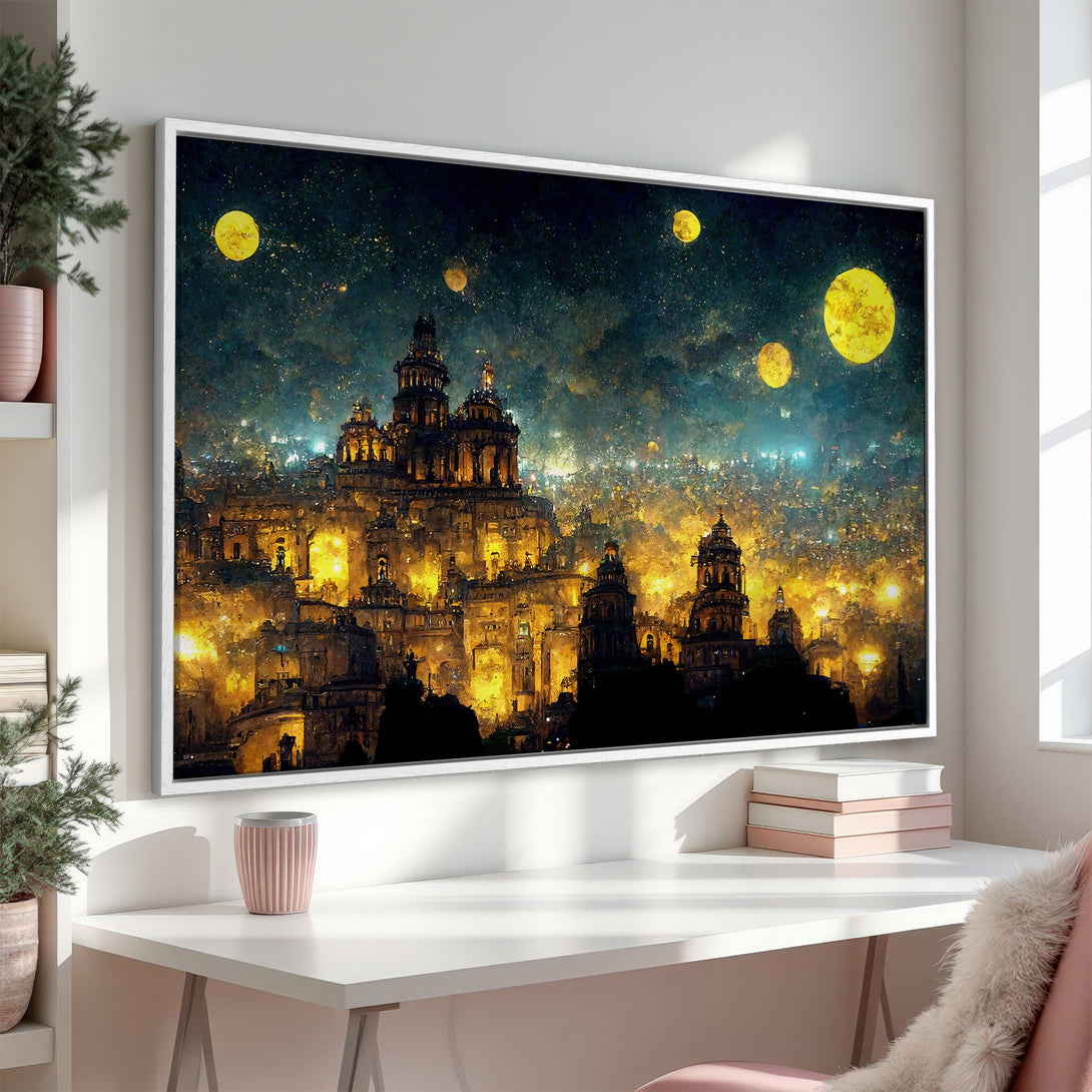 Framed Wall Art featuring a vibrant cityscape under a starry night sky. Artistic style with warm yellow and dark blue color palette, perfect for any room.