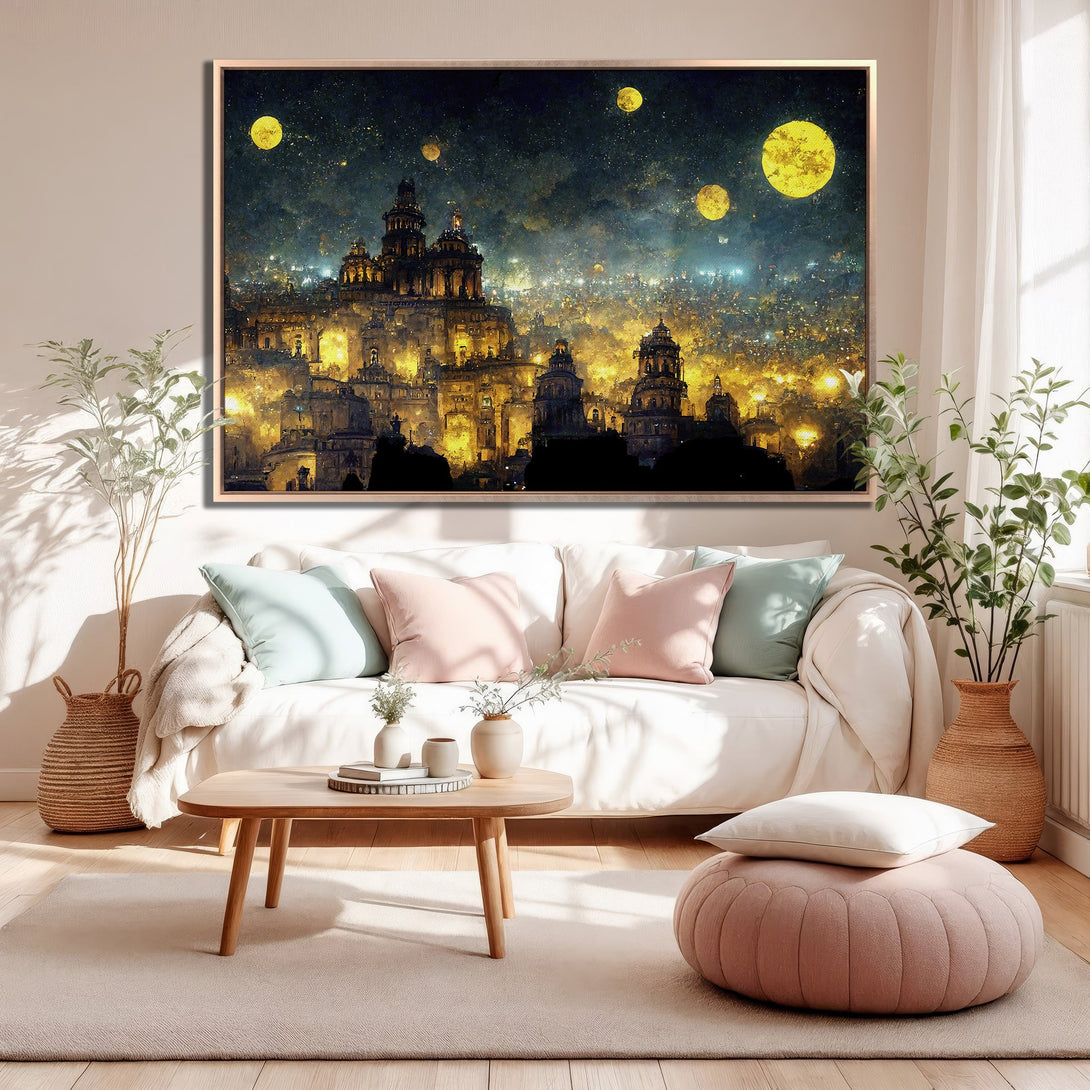 Framed Wall Art: Night city landscape Canvas Print in warm gold and blue tones, perfect for adding a touch of elegance to your living room decor.