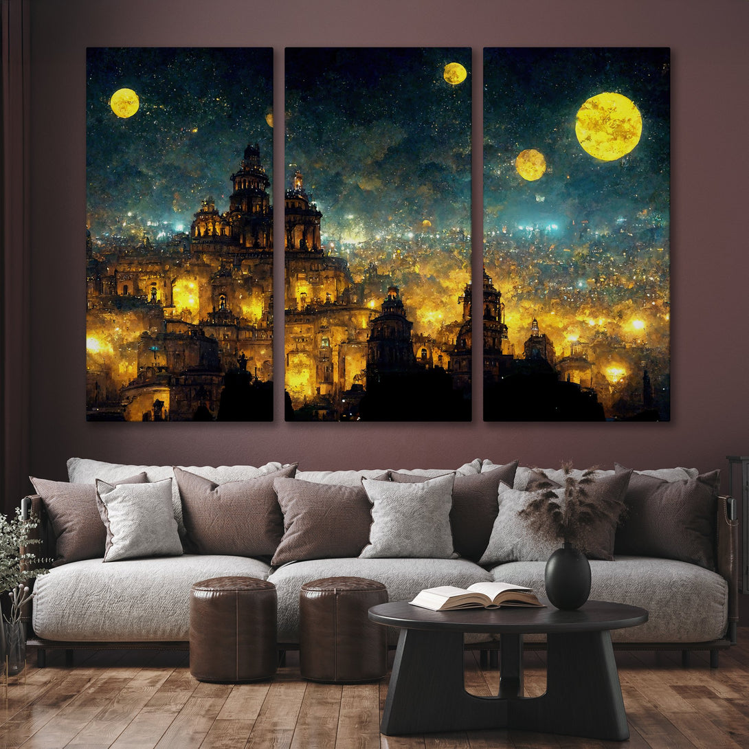 Canvas Print of a celestial cityscape with warm yellow and blue tones, perfect for adding a touch of fantasy to your home decor.