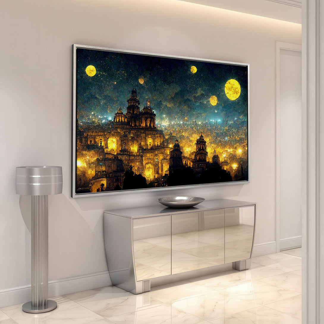 Framed Wall Art: Abstract cityscape Canvas Print in warm gold and blue tones, adding a touch of mystery and elegance to any interior space.