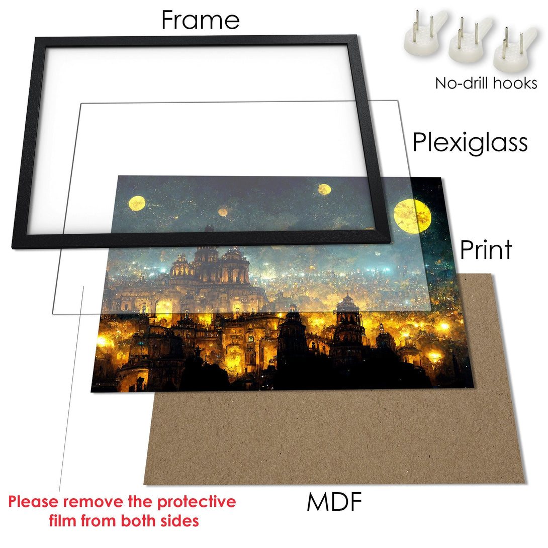 Framed Poster of a fantasy city at night with warm gold and dark blue tones. Perfect wall art!