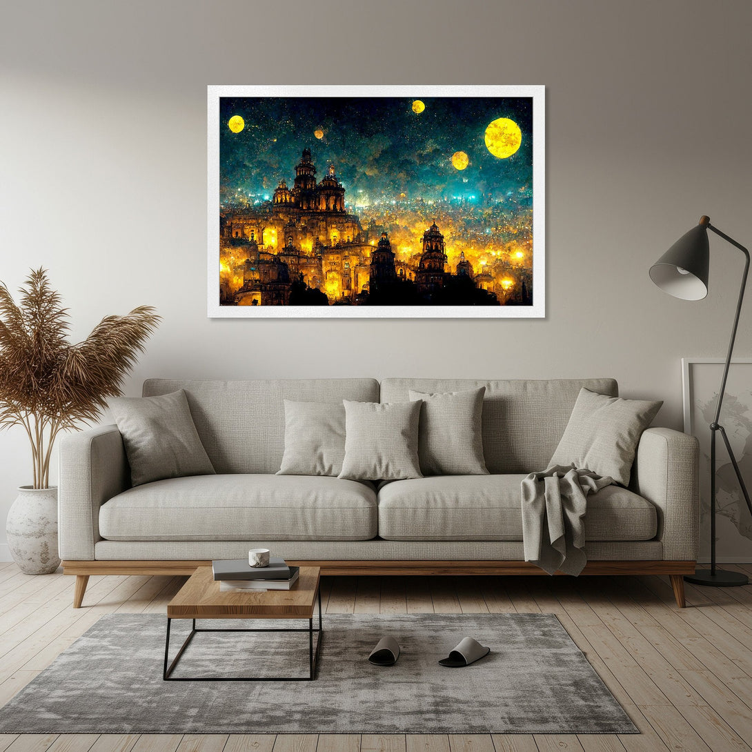 Framed Poster of a cityscape with a dreamy, artistic style. Features a warm, golden color palette with a night sky. Perfect wall art!