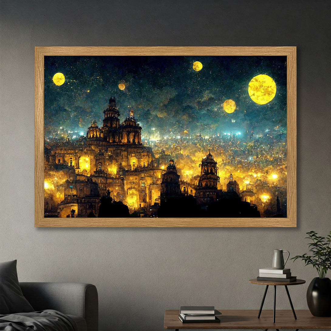 Framed Poster of a fantastical city at night, with a warm, golden color palette. Perfect wall art for any space!