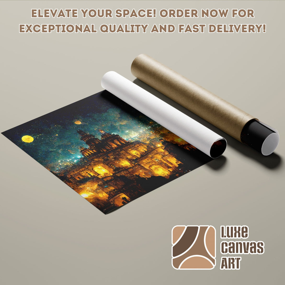 Stunning Poster Roll featuring a celestial cityscape, vibrant colors, and artistic style. Elevate your space!