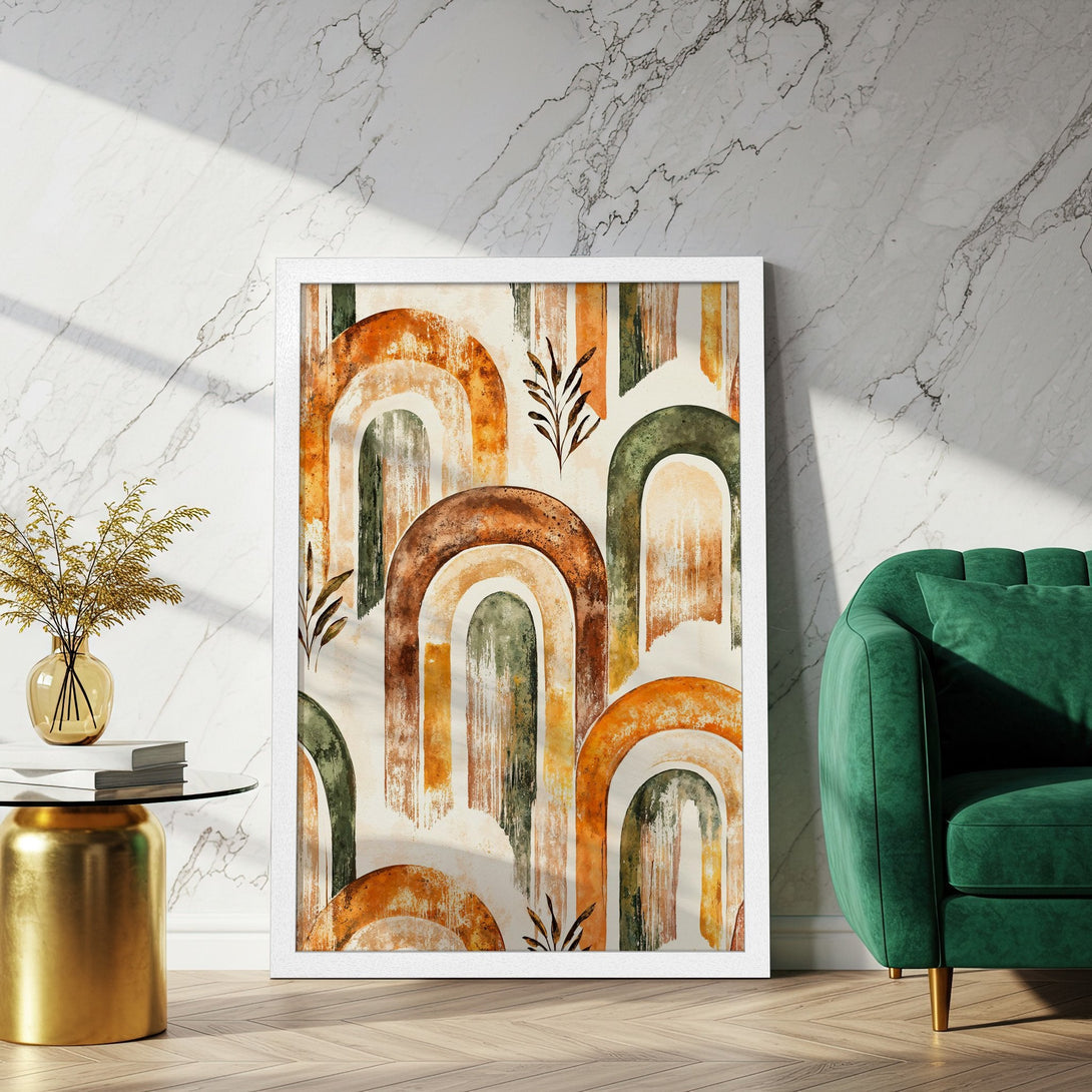 Framed Poster featuring abstract arch design in warm earth tones. Modern art print for home decor.