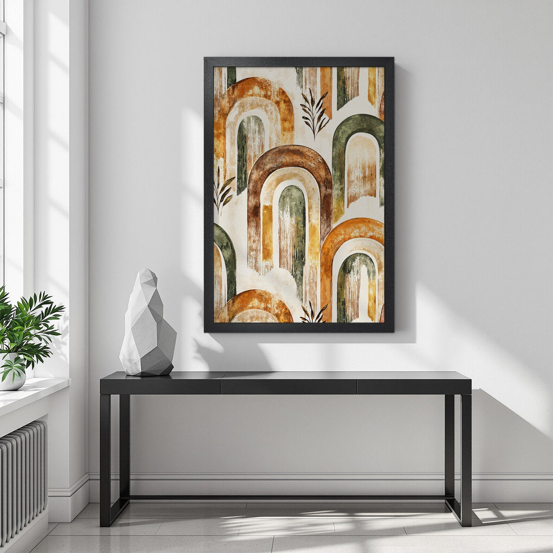 Framed Poster featuring abstract arch design in warm earth tones. Modern art style, perfect for home decor.