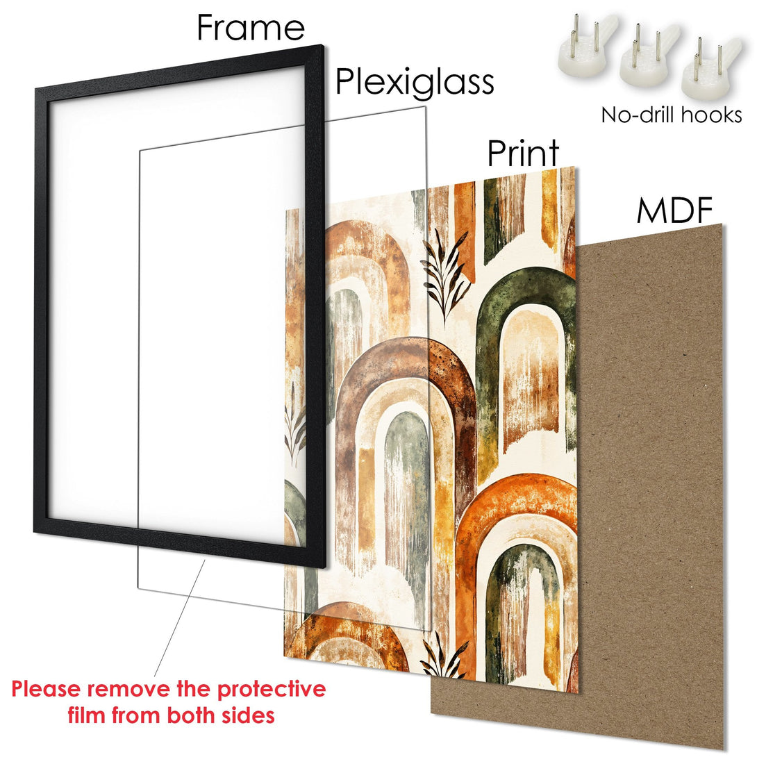 Framed Poster with abstract rainbow art. Earthy tones of orange, brown, and green. Modern wall art for your home.