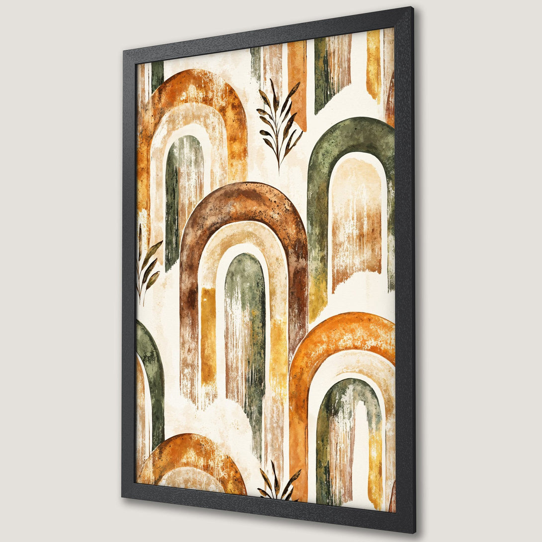 Framed Poster featuring abstract watercolor arches in earthy tones of brown, green, and orange. Modern art print for stylish home decor.