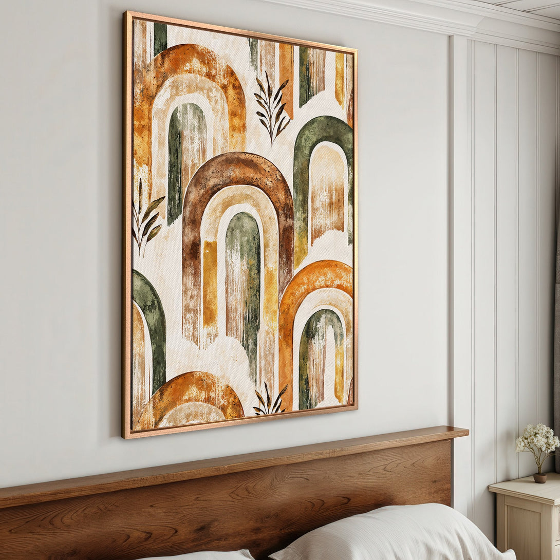 Framed Wall Art featuring an abstract watercolor design in warm earth tones. Perfect for adding a touch of boho style to your home decor.